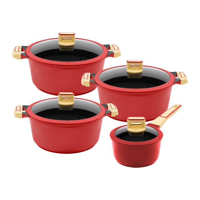 Kochtopf GOURMET Aluminiumguss (Set, 8-tlg), Induktion, matte Oberfläche, Set + 3 Töpfen, 1 Stieltopf, 4 Glasdeckel