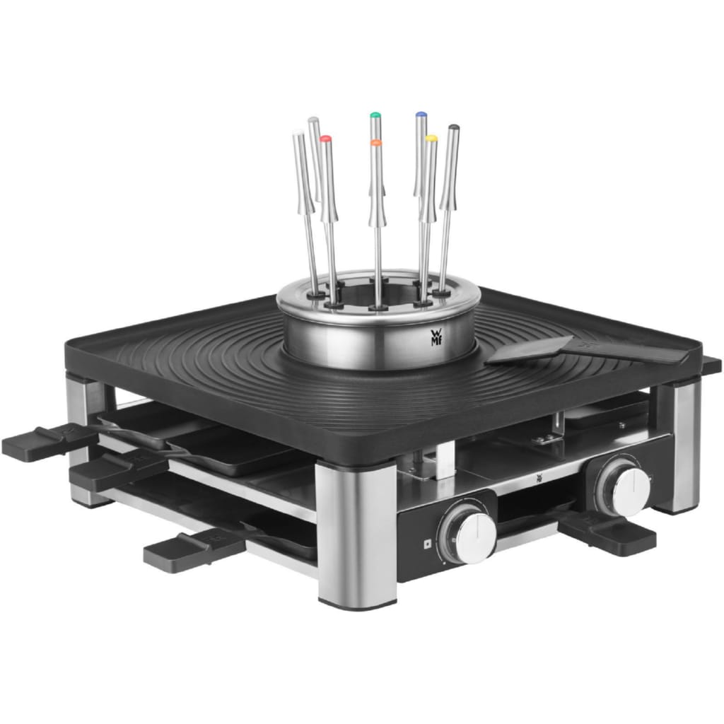 WMF Raclette Lumero Gourmet Station 3-in-1, Raclette, Fondue und Indoor-Grill, 8 Raclettepfännchen, 1800 W, spülmaschinengeeignete Pfännchen/Platte, Spritzschutz, LED-Beleuchtung