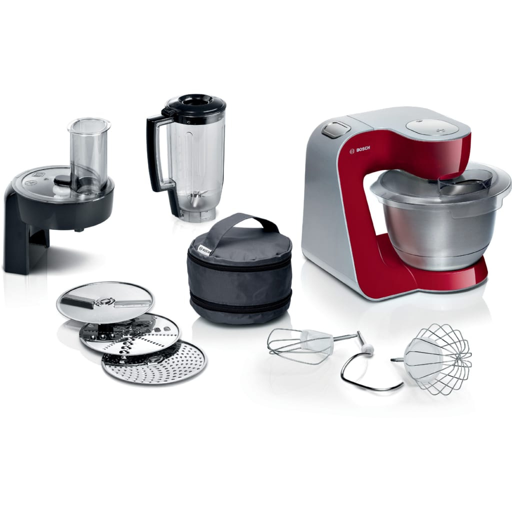 BOSCH Küchenmaschine Serie 4, MUM58R20, 7 Stufen, Edelstahlschüssel 3,9 L, 1000 W, 8,1 l Schüssel, 3D Rührwerk, Mixer, Durchlaufschnitzler, 3 Scheiben, Edelstahl-Rührer