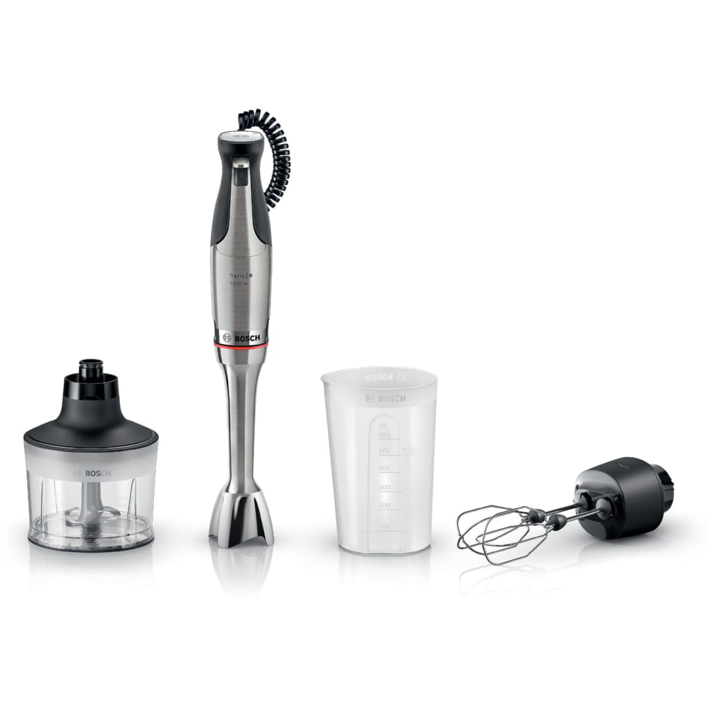 BOSCH Stabmixer ErgoMaster Serie 8, MSM8M934, Doppelschneebesen, Becher, Zerkleinerer, 1500 W, 6 Klingen Edelstahl, Spiralkabel, Keramikkupplung, luftgekühlter Motor