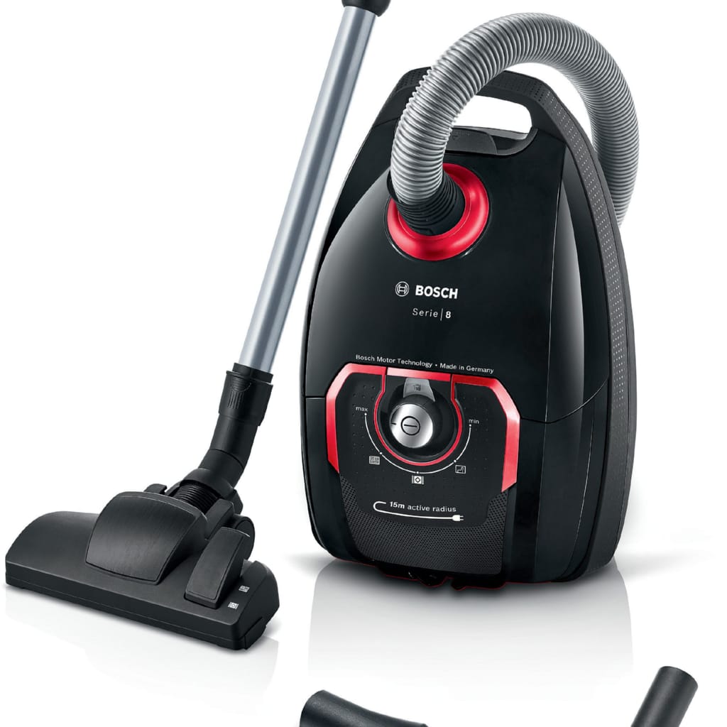 BOSCH Bodenstaubsauger Serie 8 BGB75X650, ideal für Allergiker, 10 Jahre Motorgarantie, 650 W, mit Beutel, Hygiene-Filter, XXL-Polsterdüse, XXL-Fugendüse, langes Kabel, schwarz